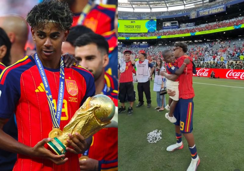 Lamine Yamal comemora o título de campeão da Copa do Mundo pela Espanha com a taça na mão e o irmãozinho Keyne no colo. Lindo de se ver - Fotos: CazéTV/Barcelona